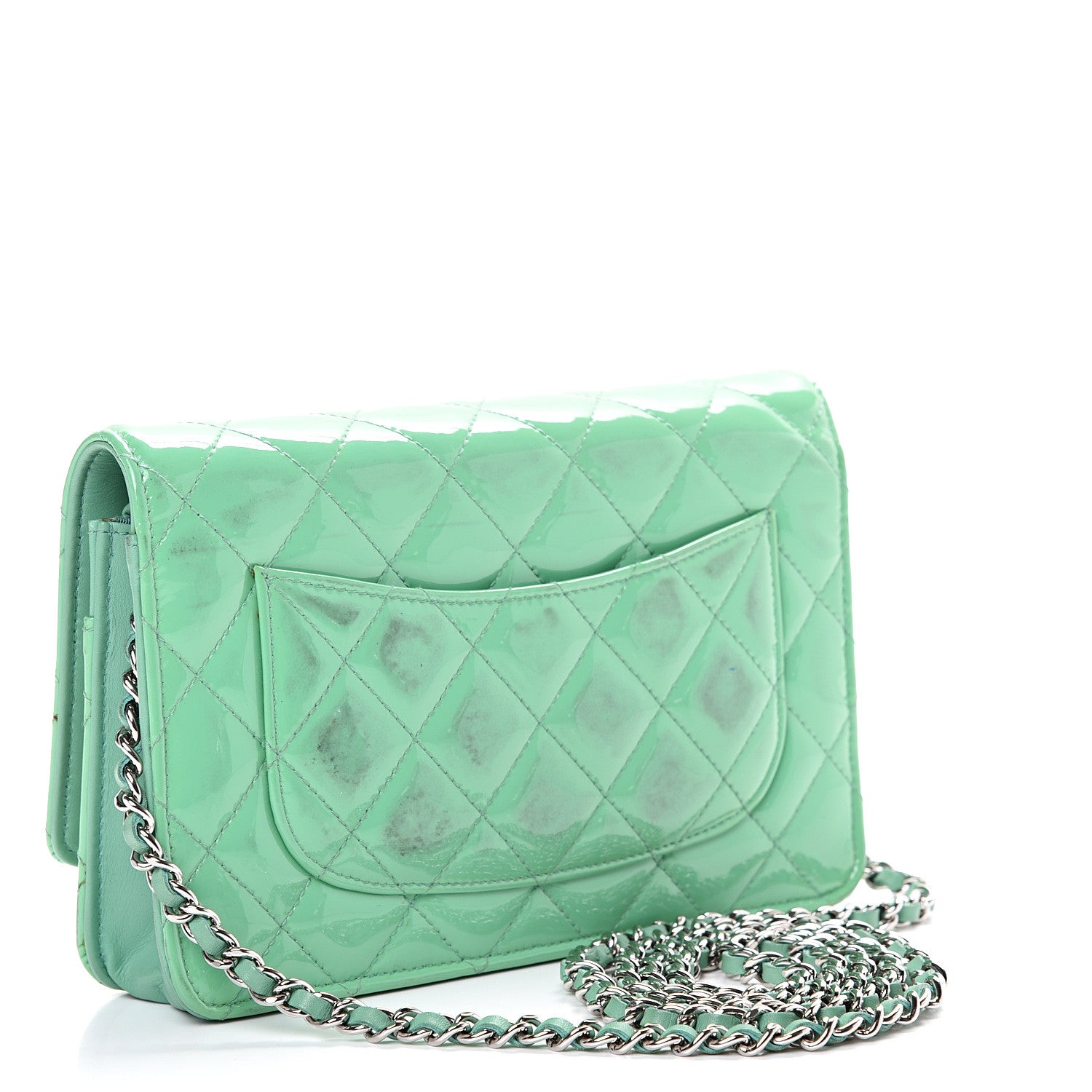 Chanel Patent Quilted Wallet On Chain WOC Green 2 of 18