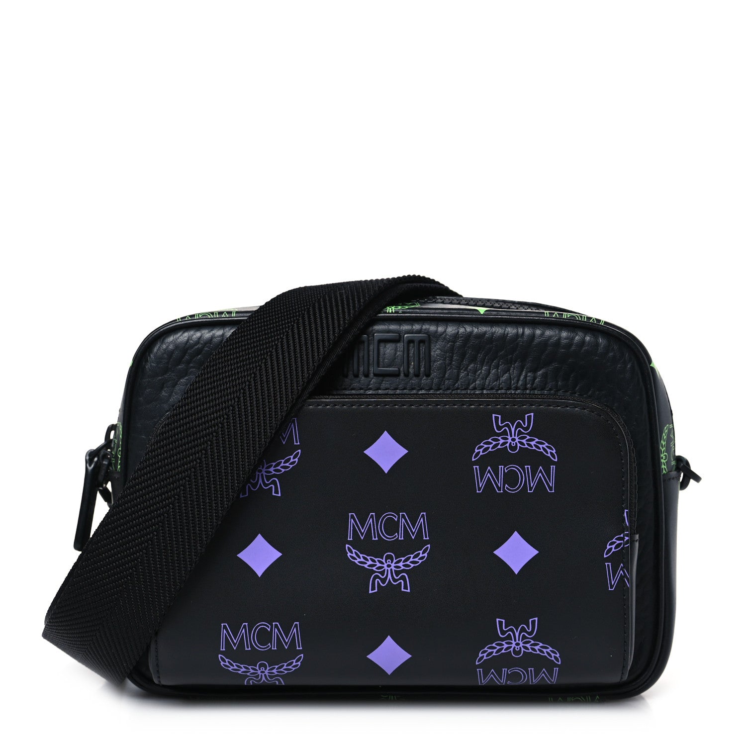 MCM Calfskin Color Splash Logo Small Crossbody Black Purple Green 1 of 8
