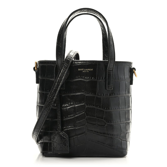 Calfskin Crocodile Embossed Paris Mini Toy Shopper Tote Black