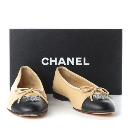 Chanel Lambskin Cap Toe CC Ballerina Flats 36.5 Beige Black 10 of 10