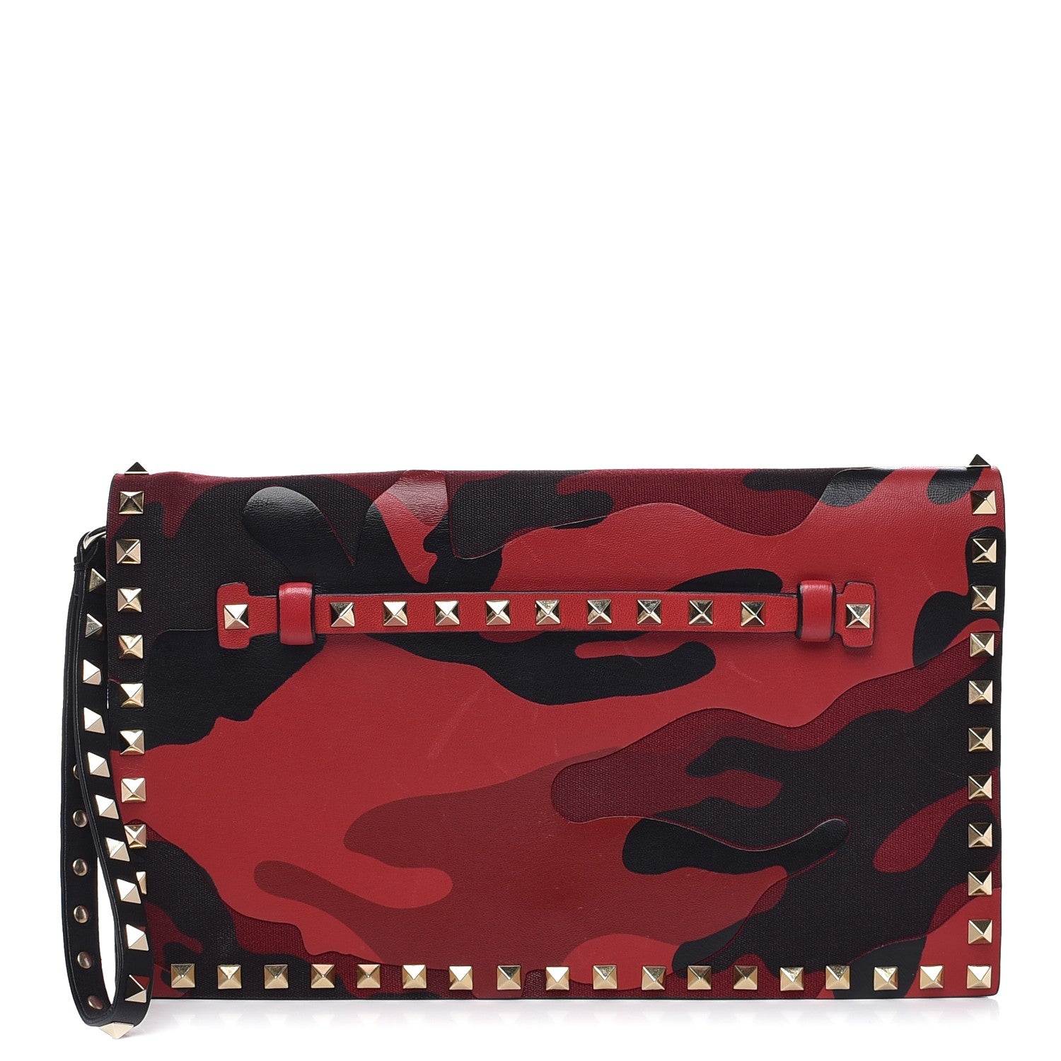 Valentino Garavani Nappa Canvas Camouflage Rockstud Wristlet Clutch Red Black 1 of 8