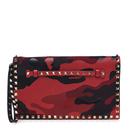 Valentino Garavani Nappa Canvas Camouflage Rockstud Wristlet Clutch Red Black 1 of 8
