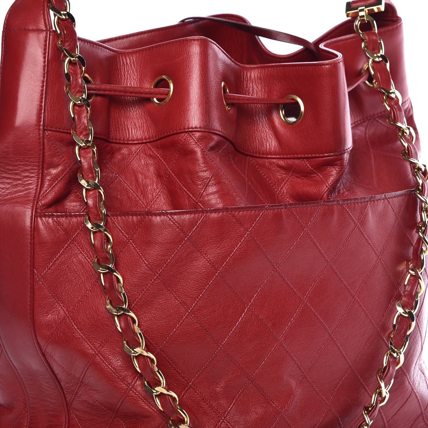 Chanel Lambskin Diamond Stitched CC Drawstring Shoulder Bag Red 11 of 13