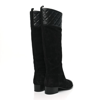 Chanel Suede Calfskin Lambskin Quilted Knee High Boots 37 Black 4 of 7