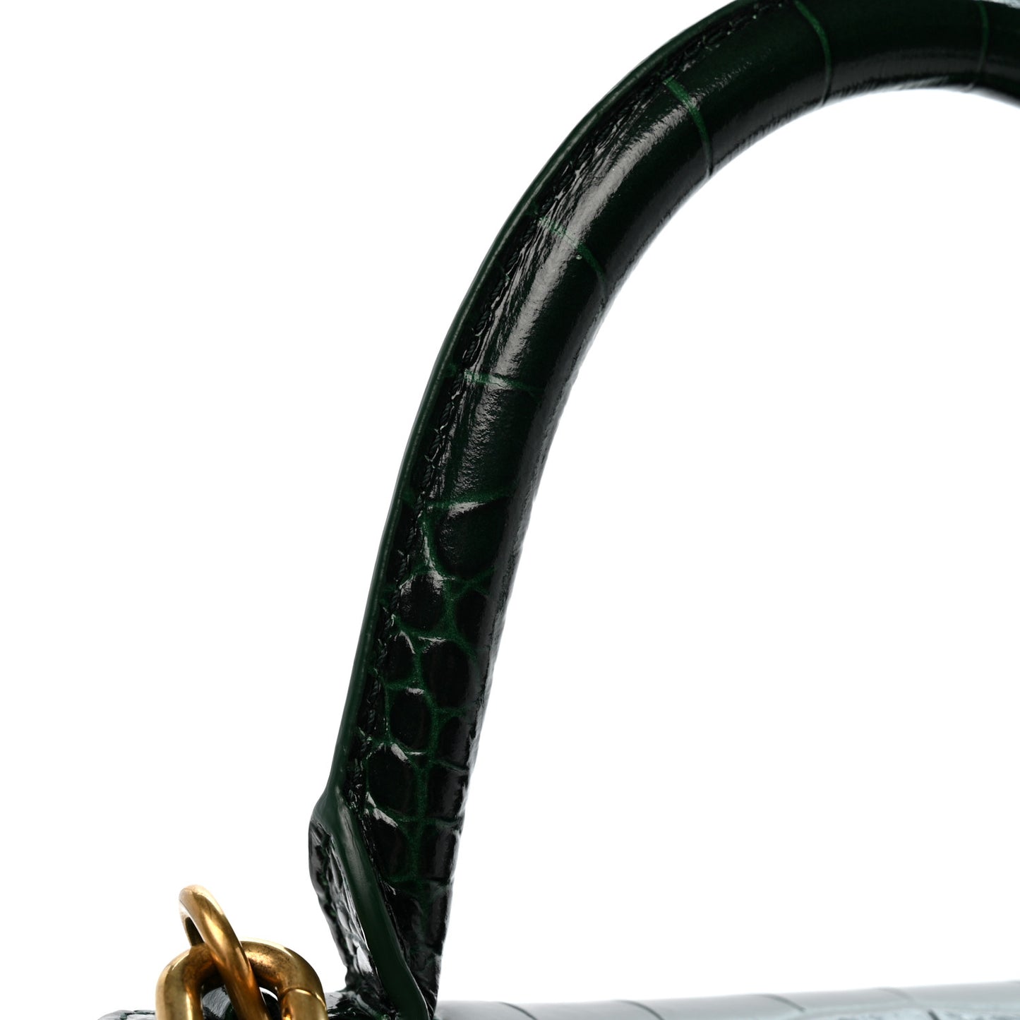 Shiny Calfskin Crocodile Embossed Small Hourglass Top Handle Bag Forest Green