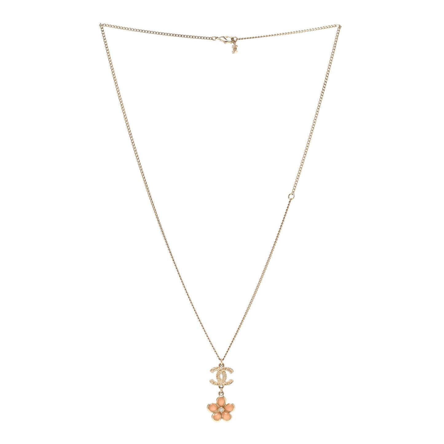 Enamel Crystal CC Camellia Pendant Necklace Beige Gold