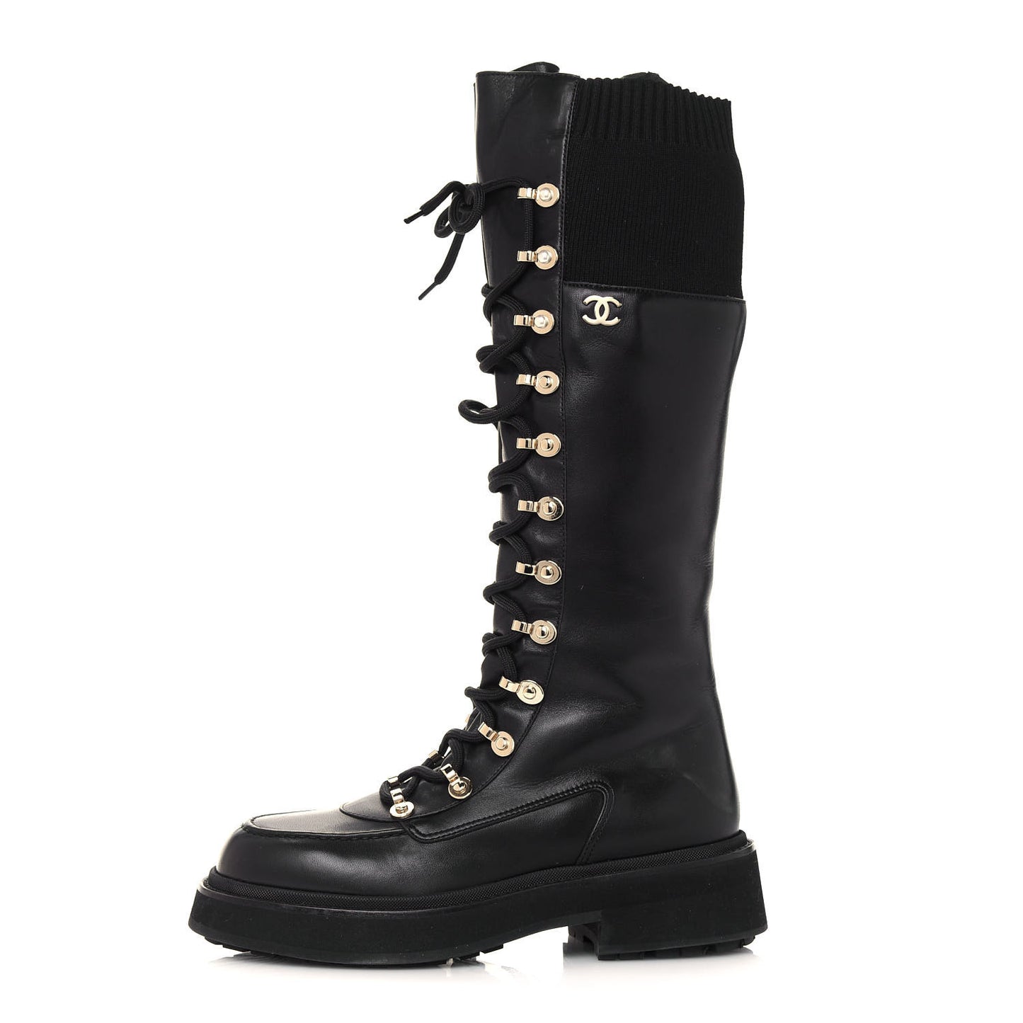 Calfskin Knit Lace Up Combat Boots 38 Black
