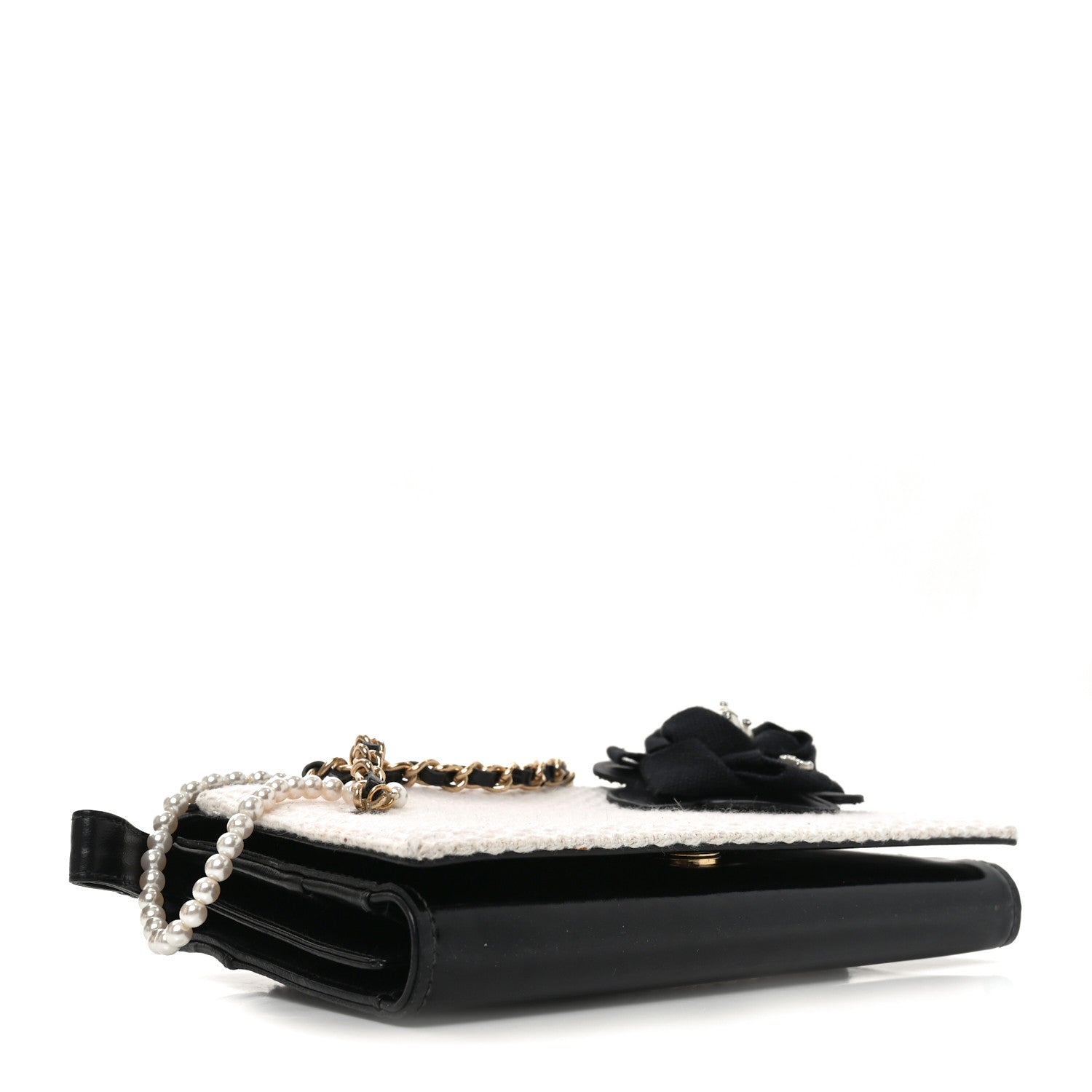 Chanel Tweed Jersey Lambskin Camellia Flap Chocolate Bar Pearl Chain Flap Clutch Black Beige 4 of 11