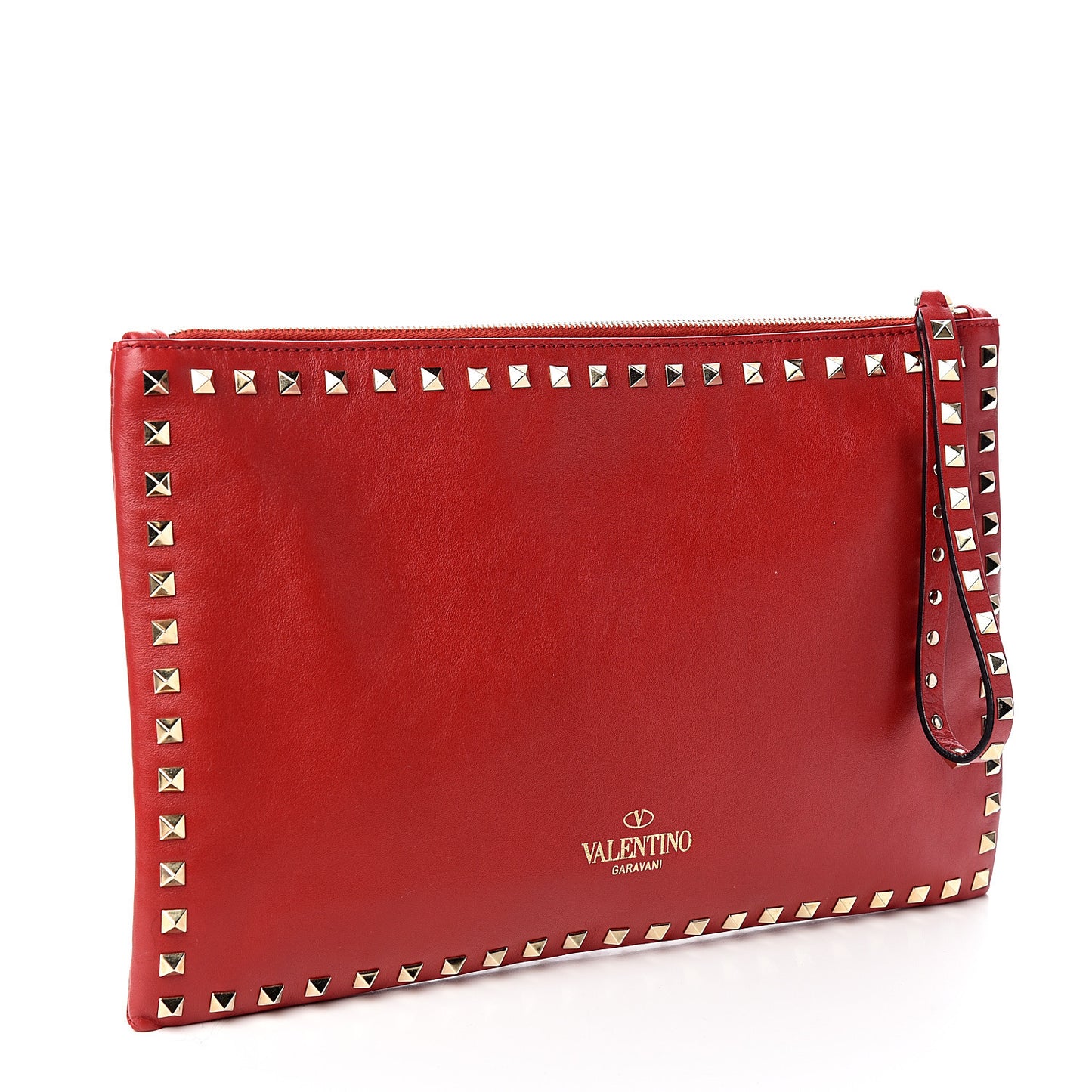 Vitello Large Rockstud Zip Wristlet Pouch Rosso Valentino