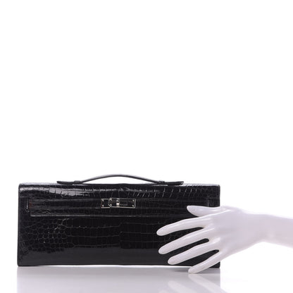 Hermes Shiny Porosus Crocodile Kelly Cut Pochette Black 2 of 11