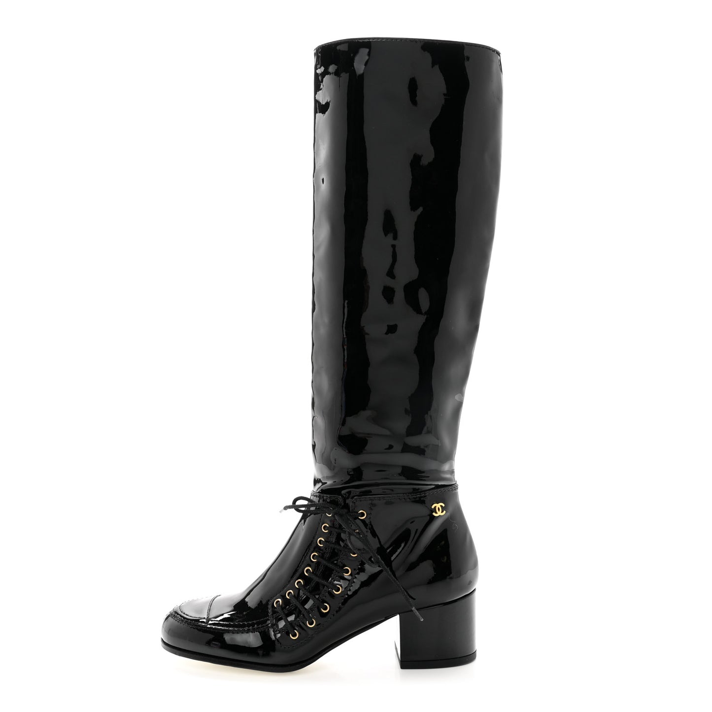 Patent Lace Up High Boots 35 Black