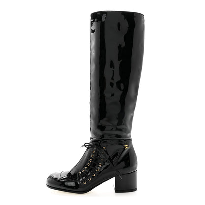Chanel Patent Lace Up High Boots 35 Black 1 of 8