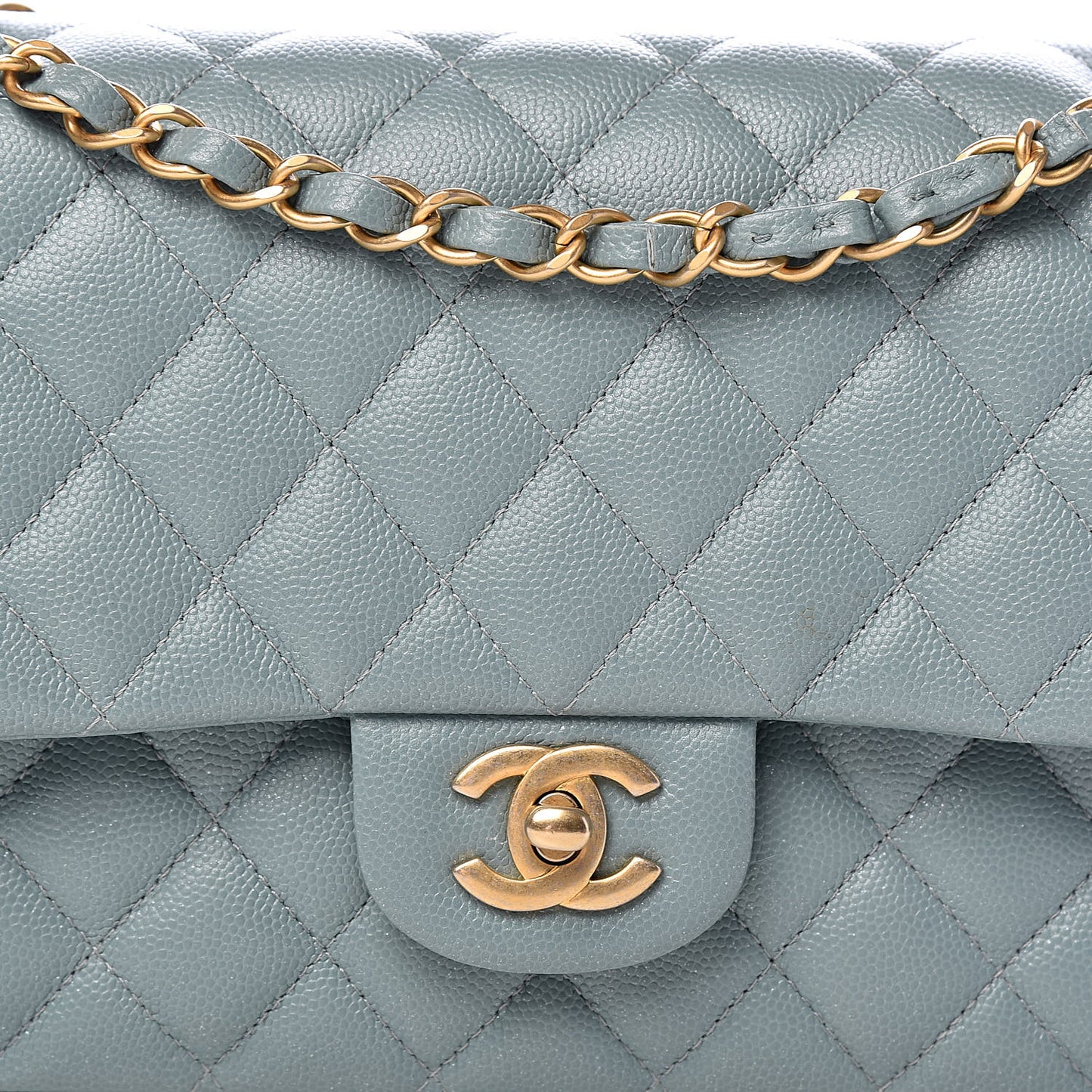 Iridescent Caviar Quilted Medium Double Flap Light Blue