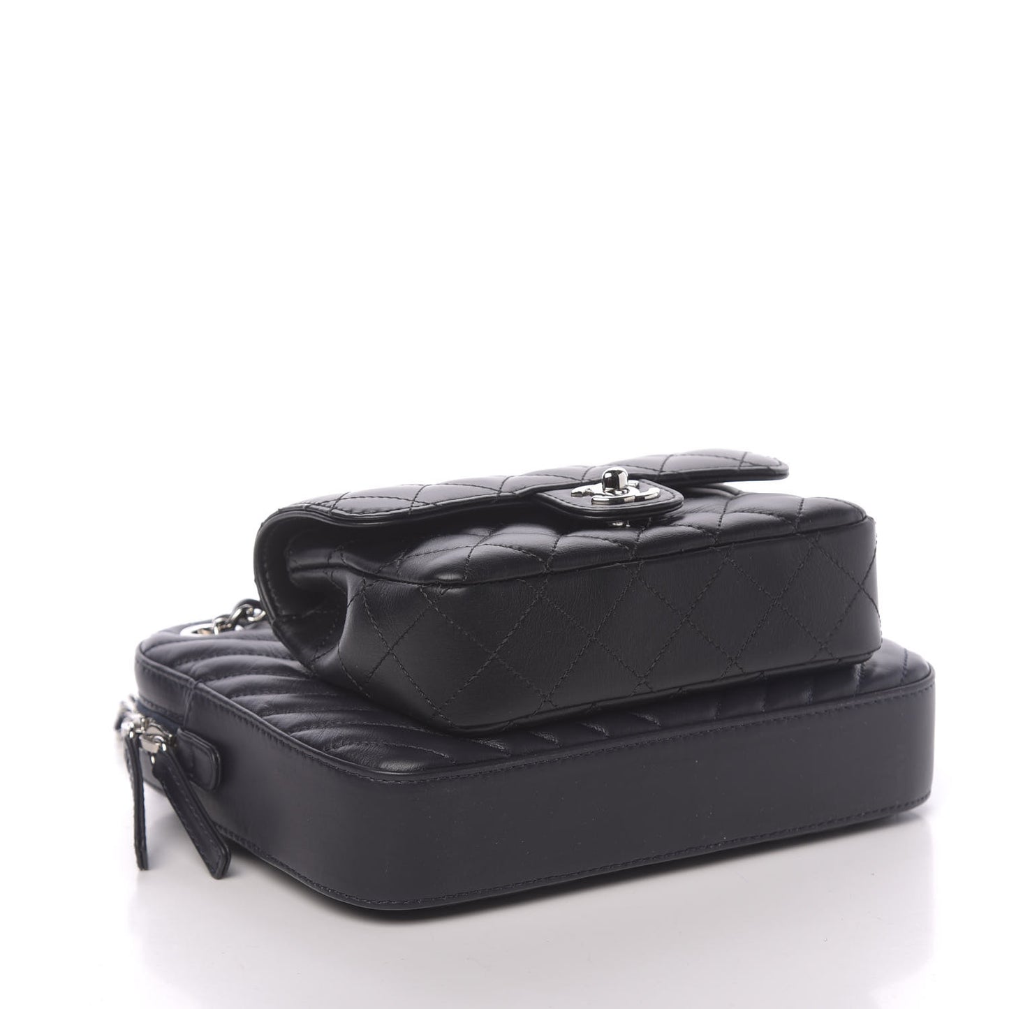 Calfskin Chevron Quilted Double Camera Bag With Flap Black