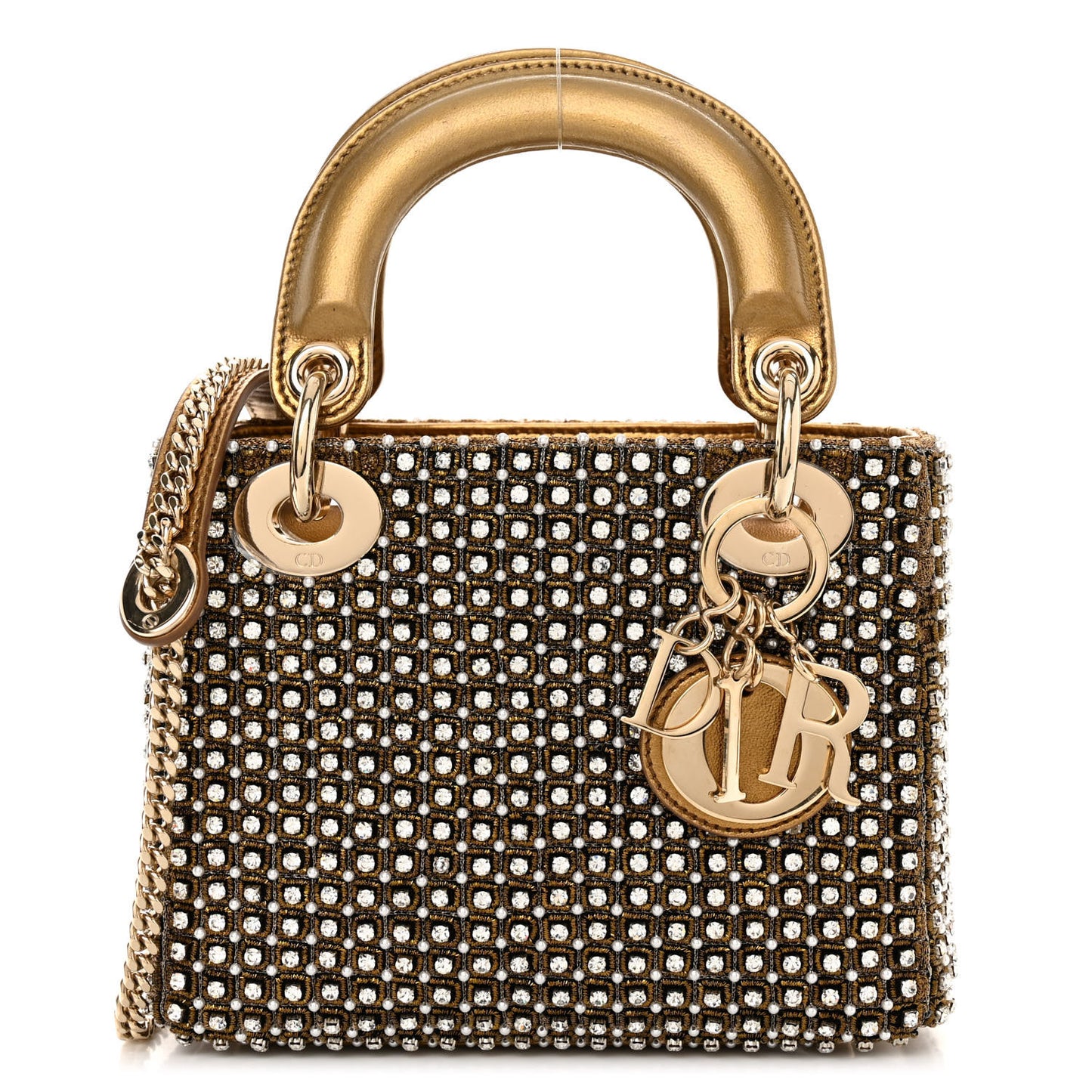 Metallic Calfskin Crystal Mini Lady Dior Gold