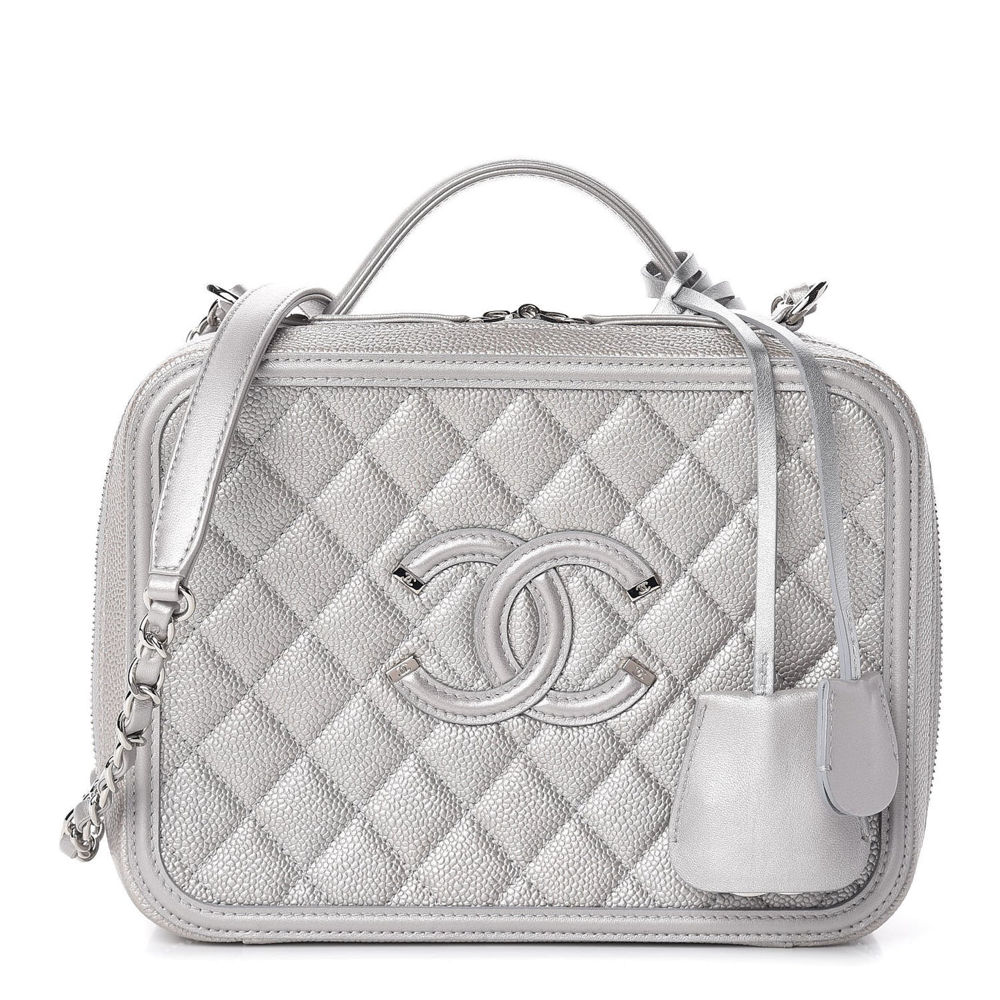 Metallic Caviar Quilted Large CC Filigree Vanity Case Silver