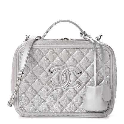 Chanel Metallic Caviar Quilted Large CC Filigree Vanity Case Silver 1 of 10