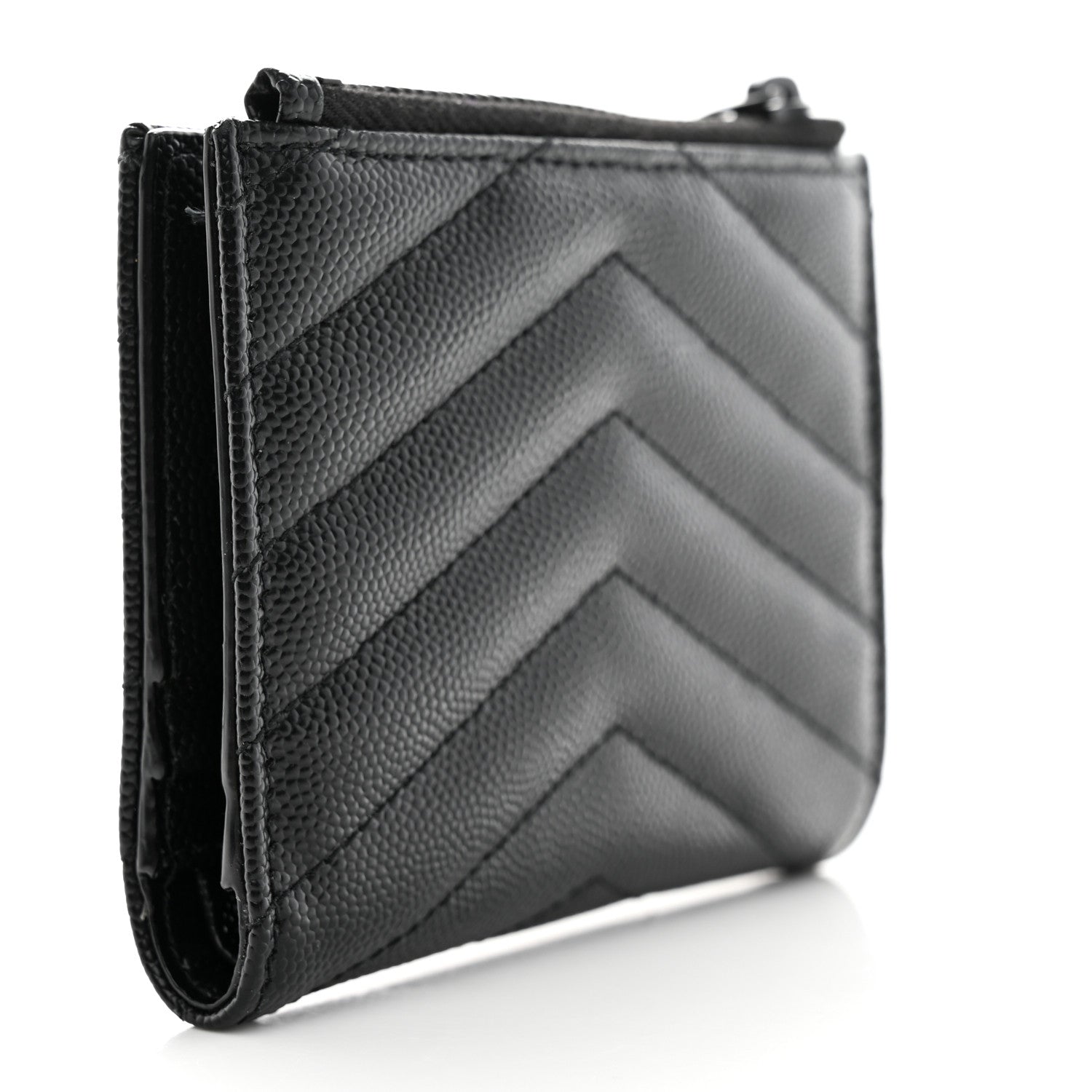 Saint Laurent Grain De Poudre Matelasse Chevron Monogram Zipped Card Case Black 3 of 7