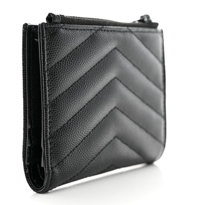 Saint Laurent Grain De Poudre Matelasse Chevron Monogram Zipped Card Case Black 3 of 7