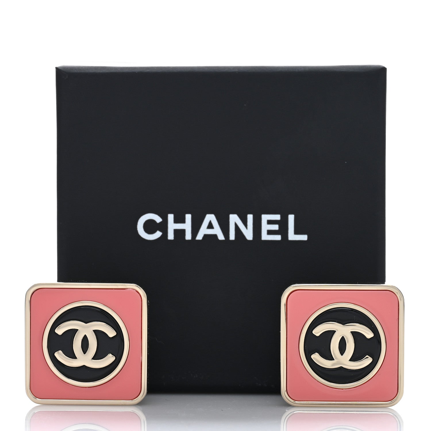 Chanel Metal Enamel CC Square Earrings Gold Pink Black 5 of 5