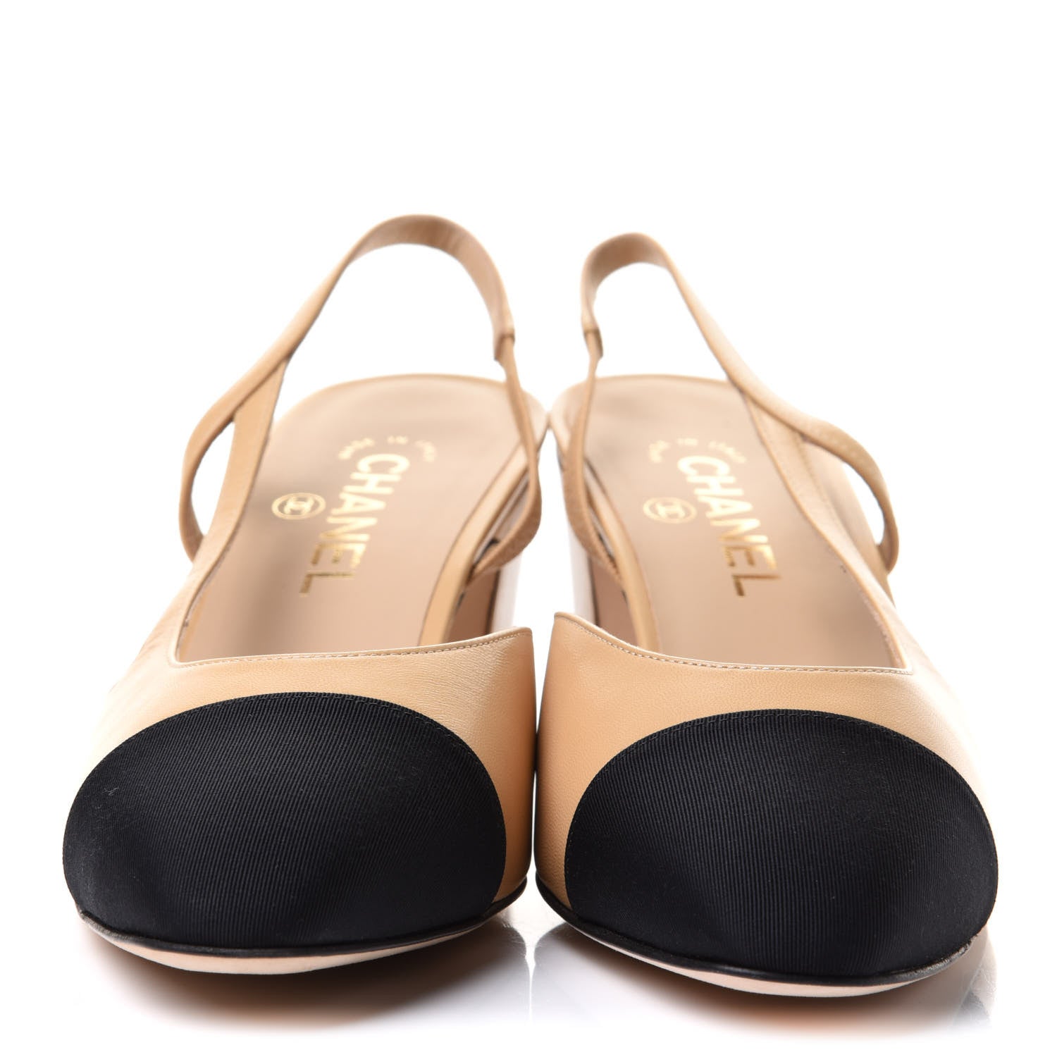 Chanel Goatskin Grosgrain Cap Toe CC Slingback Pumps 40.5 Beige Black 2 of 10