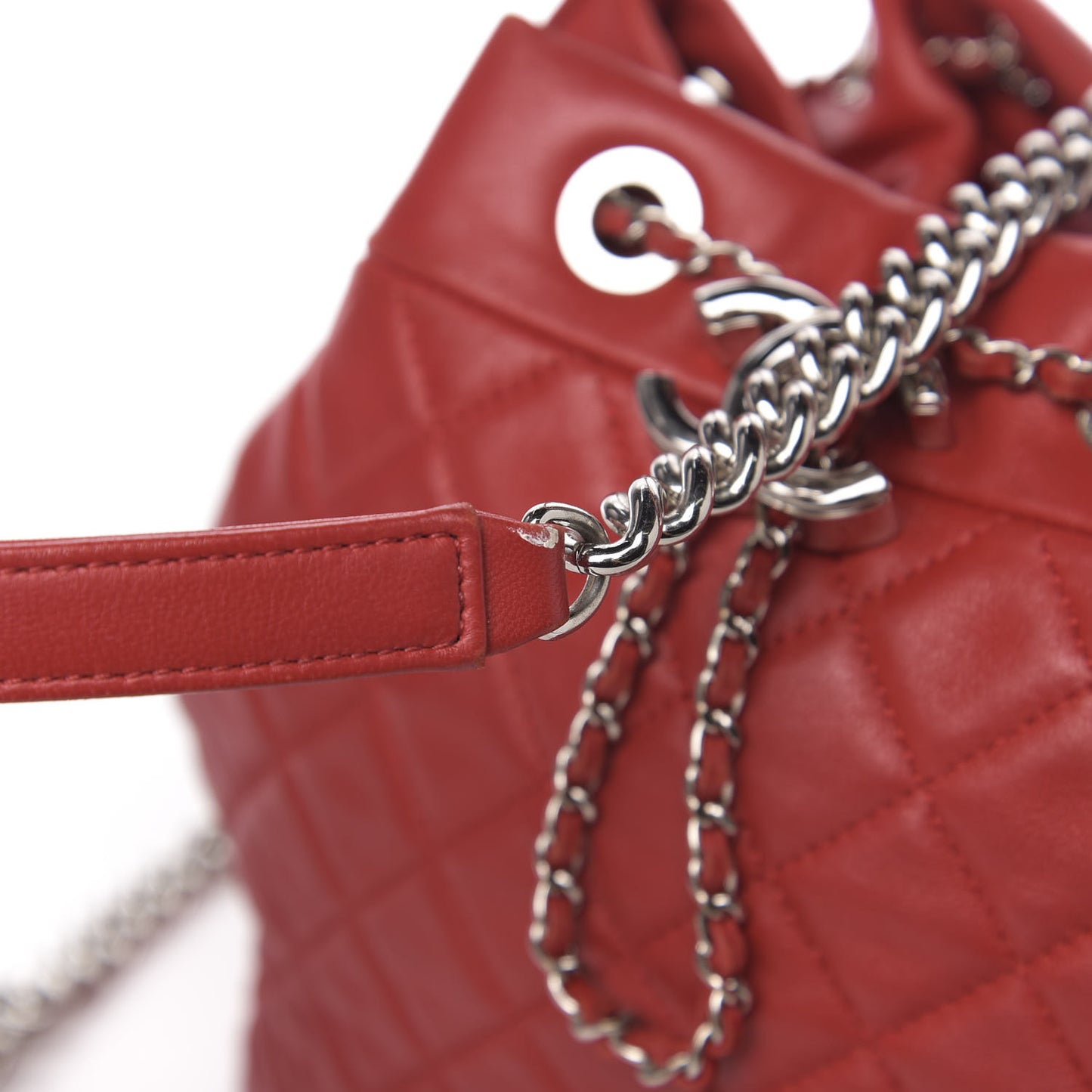 Lambskin Quilted Small CC Chain Drawstring Bucket Bag Red