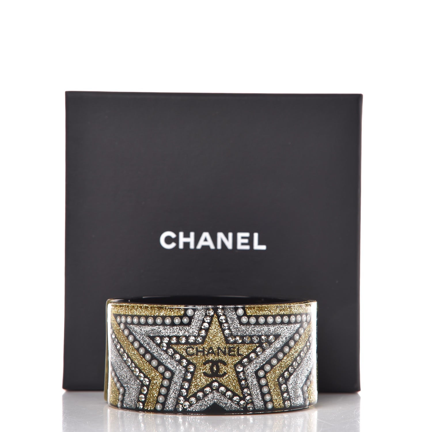 Chanel Resin Crystal Pearl Glitter Star CC Cuff Black Silver Gold 4 of 4