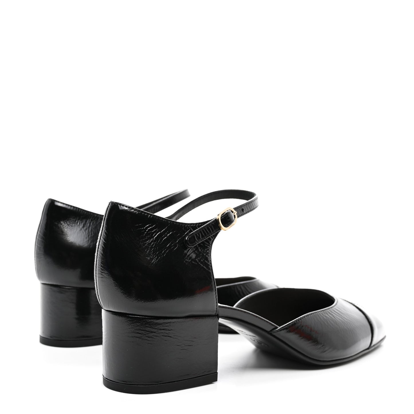 Glazed Crinkled Calfskin CC Cap Toe Mary Janes Pumps 39.5 Black