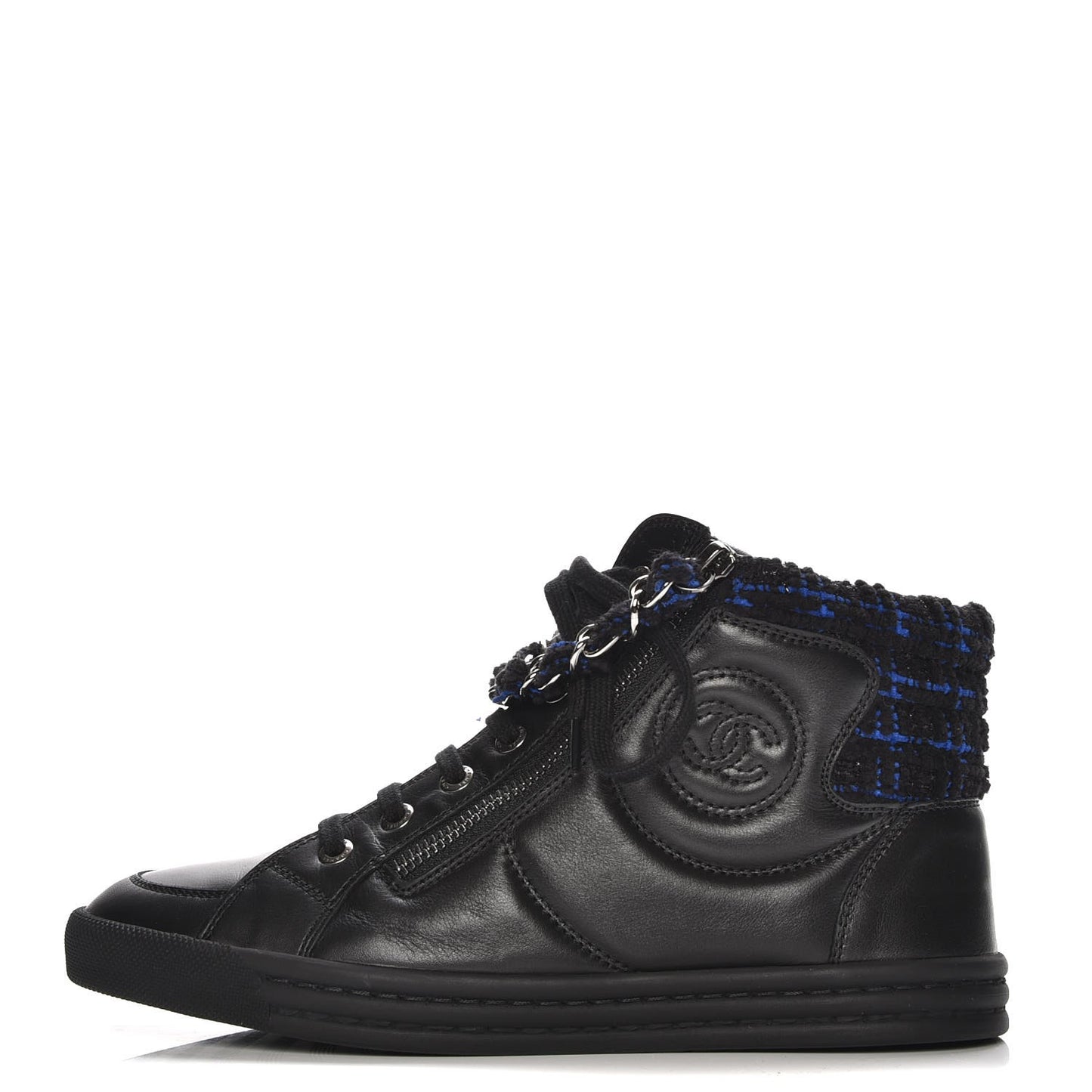 Lambskin Tweed Zipped Sneakers 36 Black Blue