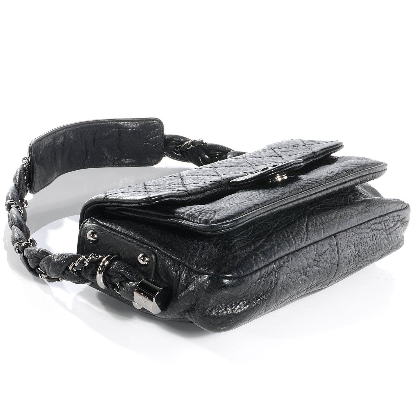 Distressed Lambskin Lady Braid Flap Black