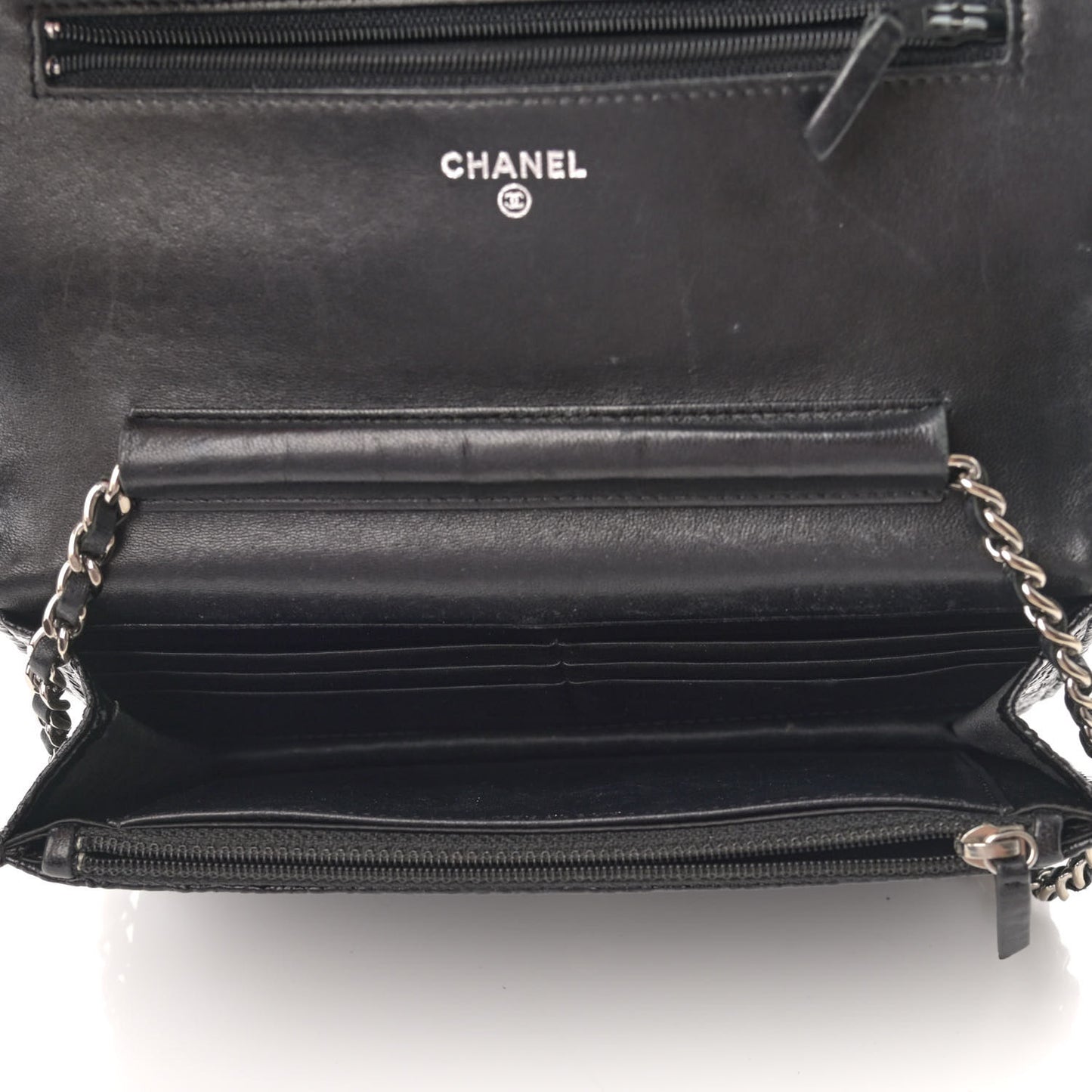 Distressed Patent Calfskin Quilted Wallet on Chain WOC Black