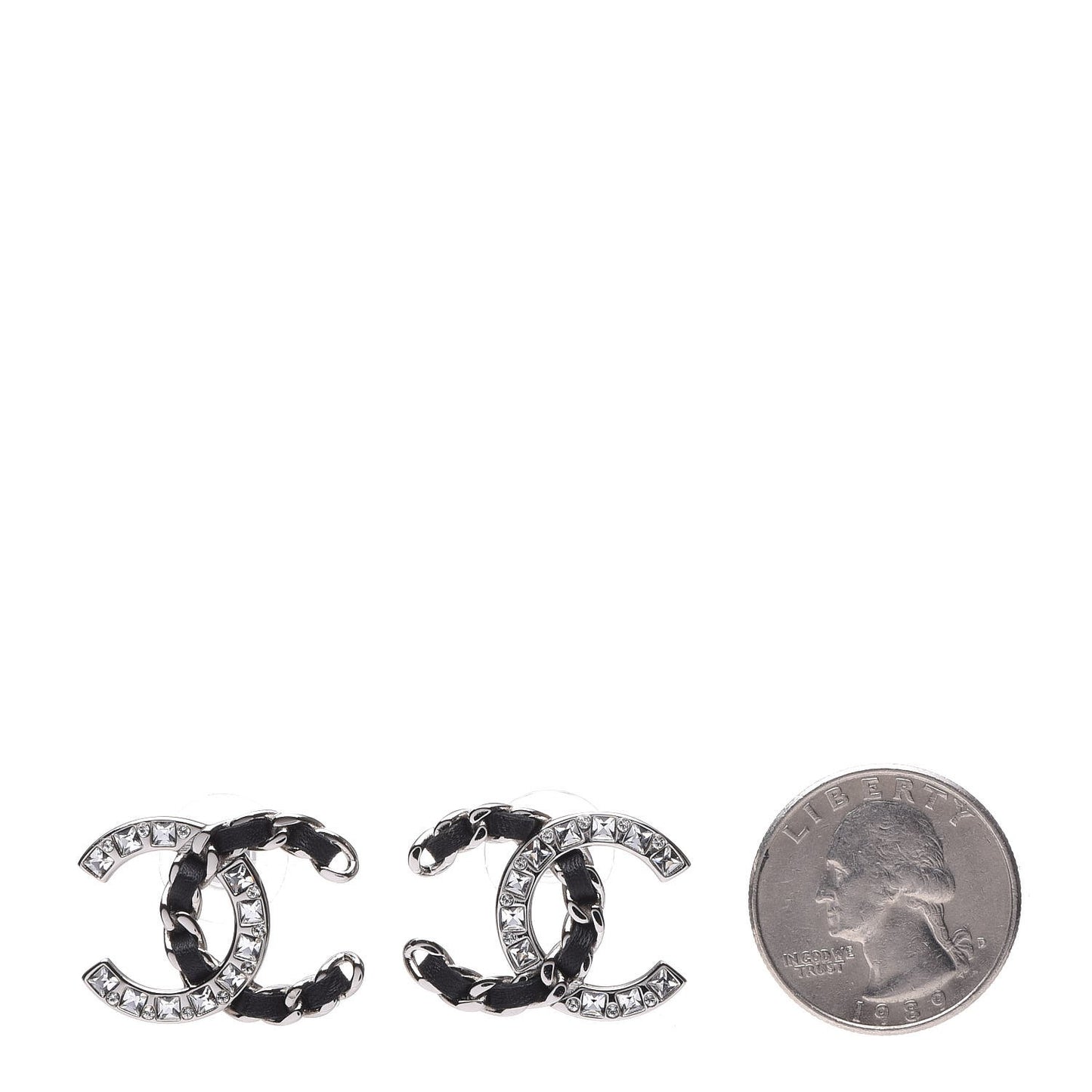 Crystal Baguette Lambskin Large CC Earrings Silver Black