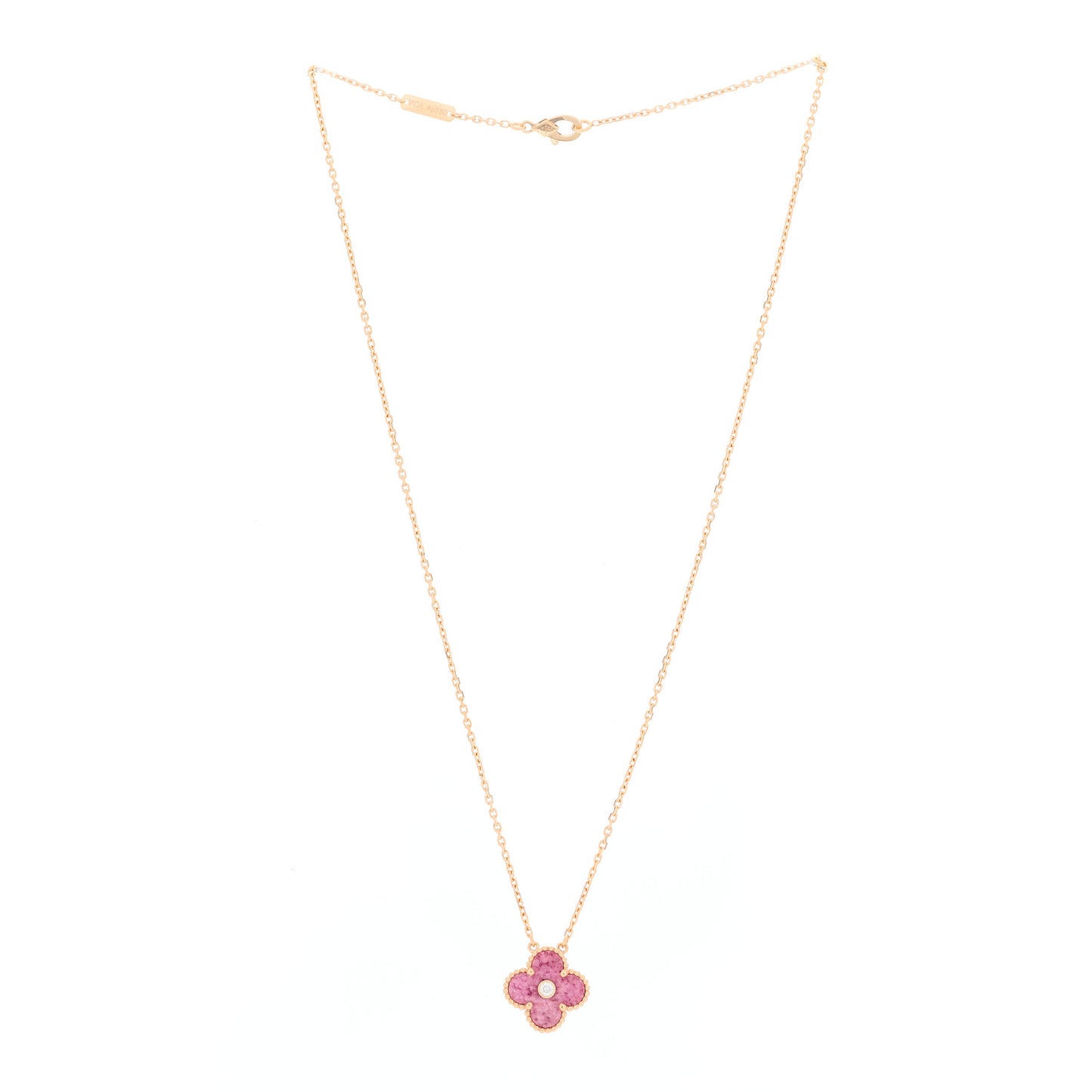 18K Rose Gold Diamond Rhodonite Vintage Alhambra Pendant Necklace