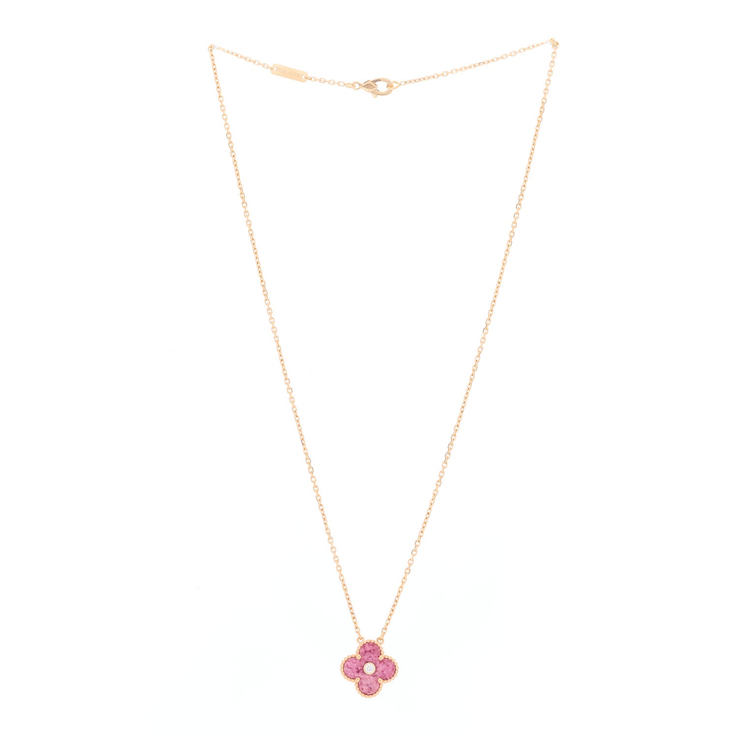 Van Cleef & Arpels 18K Rose Gold Diamond Rhodonite Vintage Alhambra Pendant Necklace 2 of 5