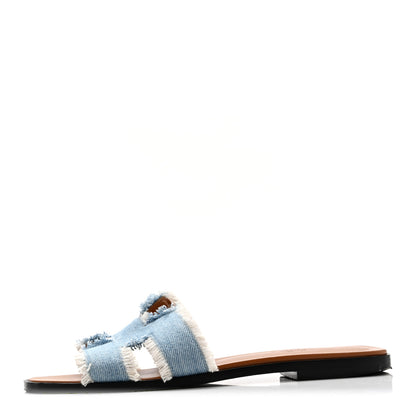 Hermes Denim Oran Fringe Sandals 37 Bleu Clair 1 of 10