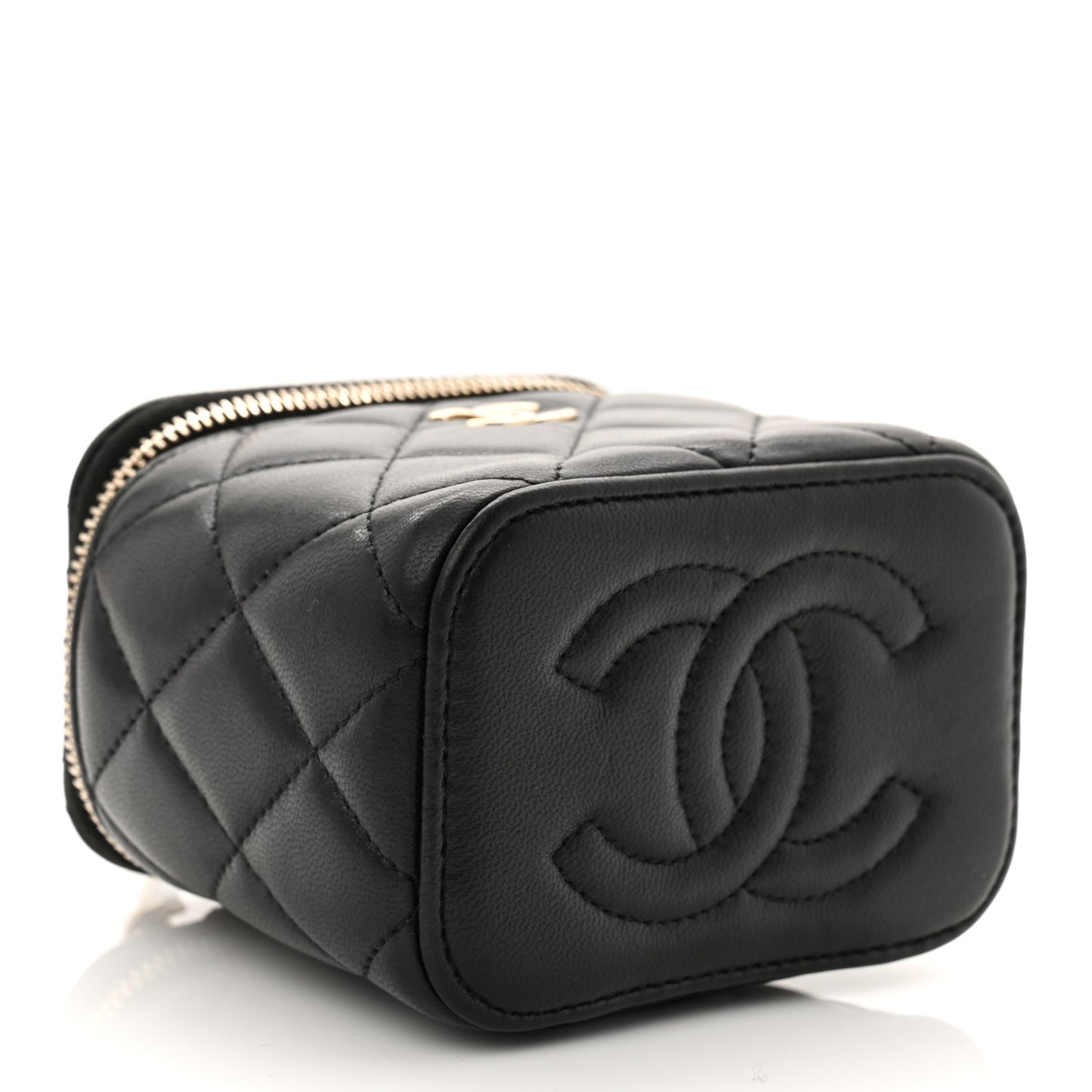 Lambskin Quilted Top Handle Mini Vanity Case With Chain Black