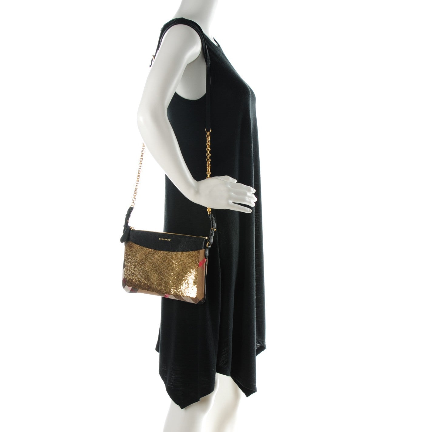 Burberry House Check Sequin Peyton Crossbody Clutch Bag Gold Black 2 of 8