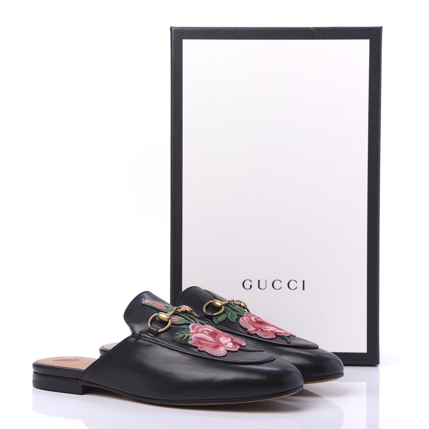 Calfskin Flower Embroidered Womens Princetown Slippers 37.5 Black