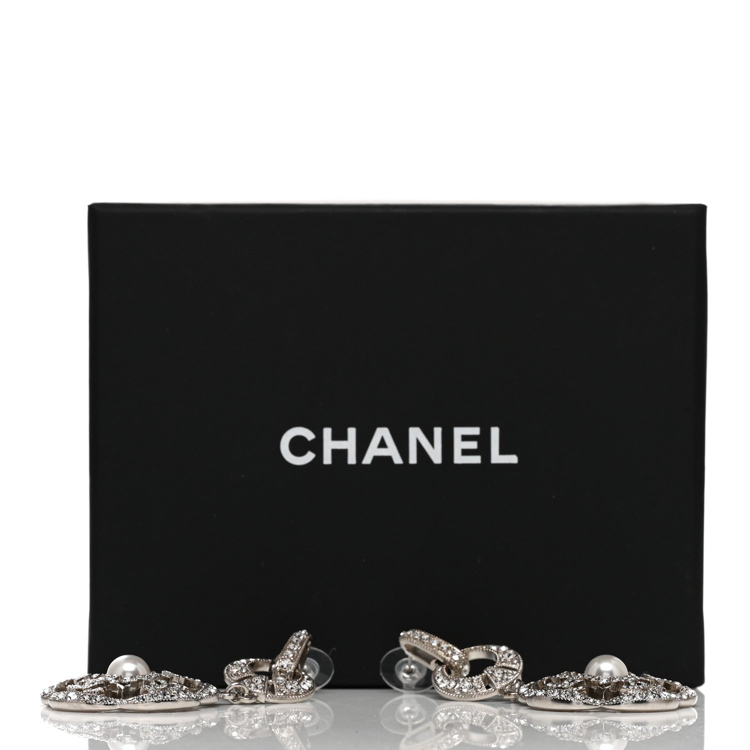 Chanel Crystal Pearl Camellia CC Drop Earrings Silver 5 of 5