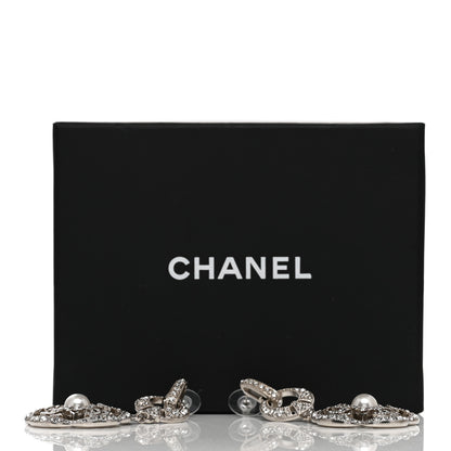 Chanel Crystal Pearl Camellia CC Drop Earrings Silver 5 of 5