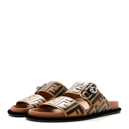 Fendi Calfskin FF Embossed Pearland Slide Sandals 37.5 Tobacco Moro 4 of 8