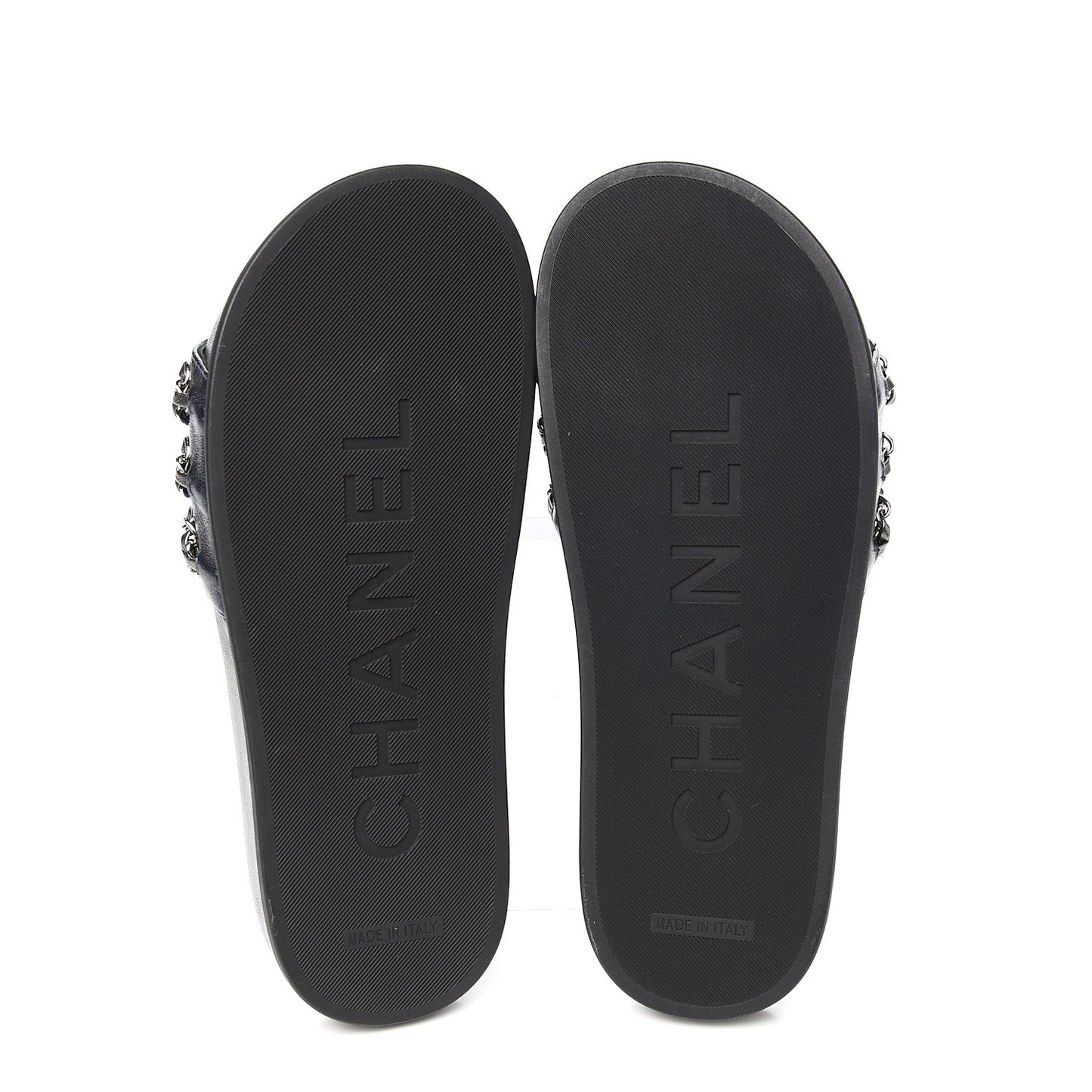 Metallic Lambskin Canvas Chain Flat Sandals 36 Dark Blue