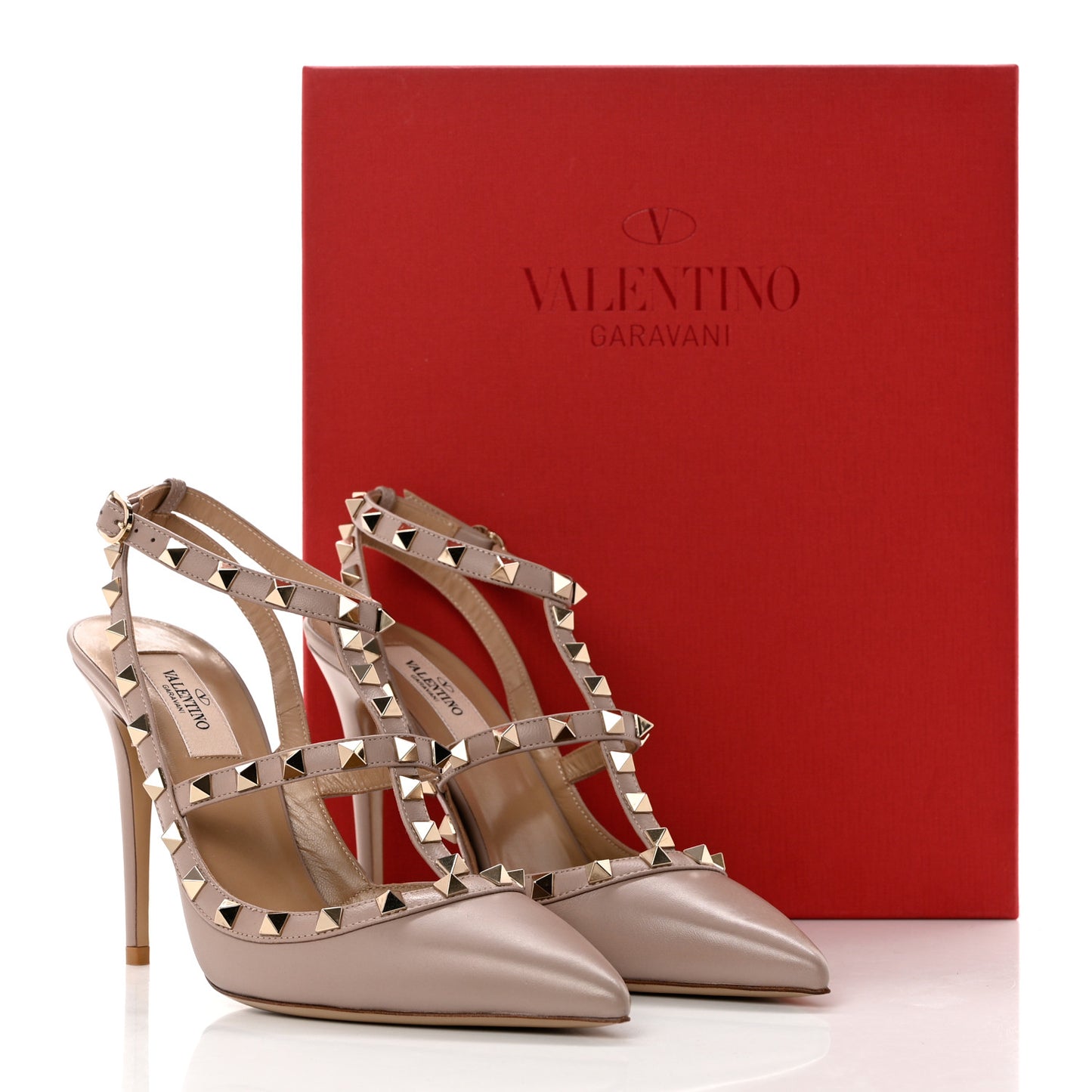 Calfskin Nappa Rockstud Ankle Strap 100mm Pumps 39 Poudre
