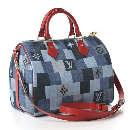Louis Vuitton Denim Damier Monogram Patchwork Speedy Bandouliere 30 Blue Rouge 4 of 11