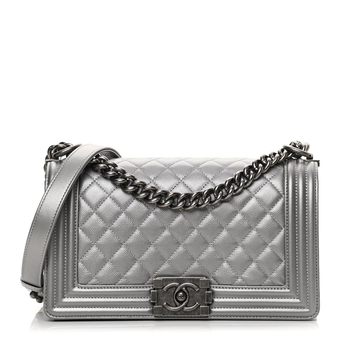 Metallic Caviar Quilted Medium Boy Flap Silver