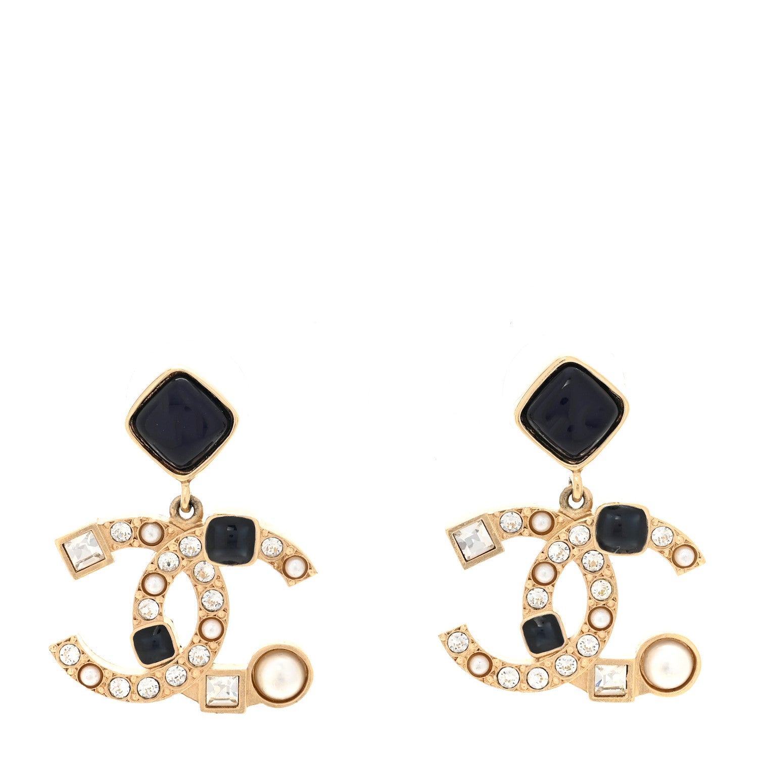 Chanel Resin Crystal Pearl CC Drop Earrings Gold Black 1 of 4