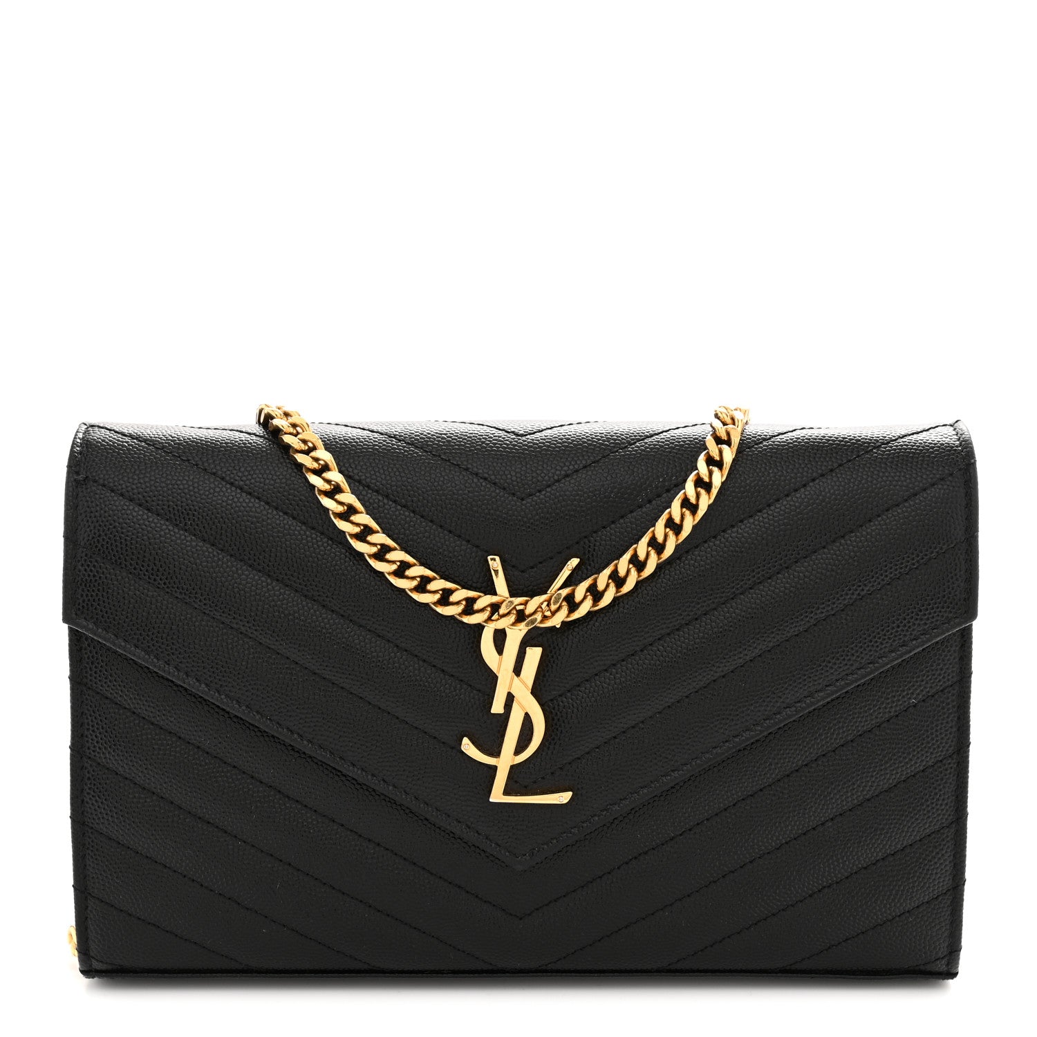 Saint Laurent Grain De Poudre Matelasse Chevron Monogram Chain Wallet Black 1 of 12