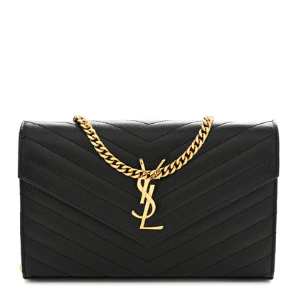 Saint Laurent Grain De Poudre Matelasse Chevron Monogram Chain Wallet Black 1 of 12