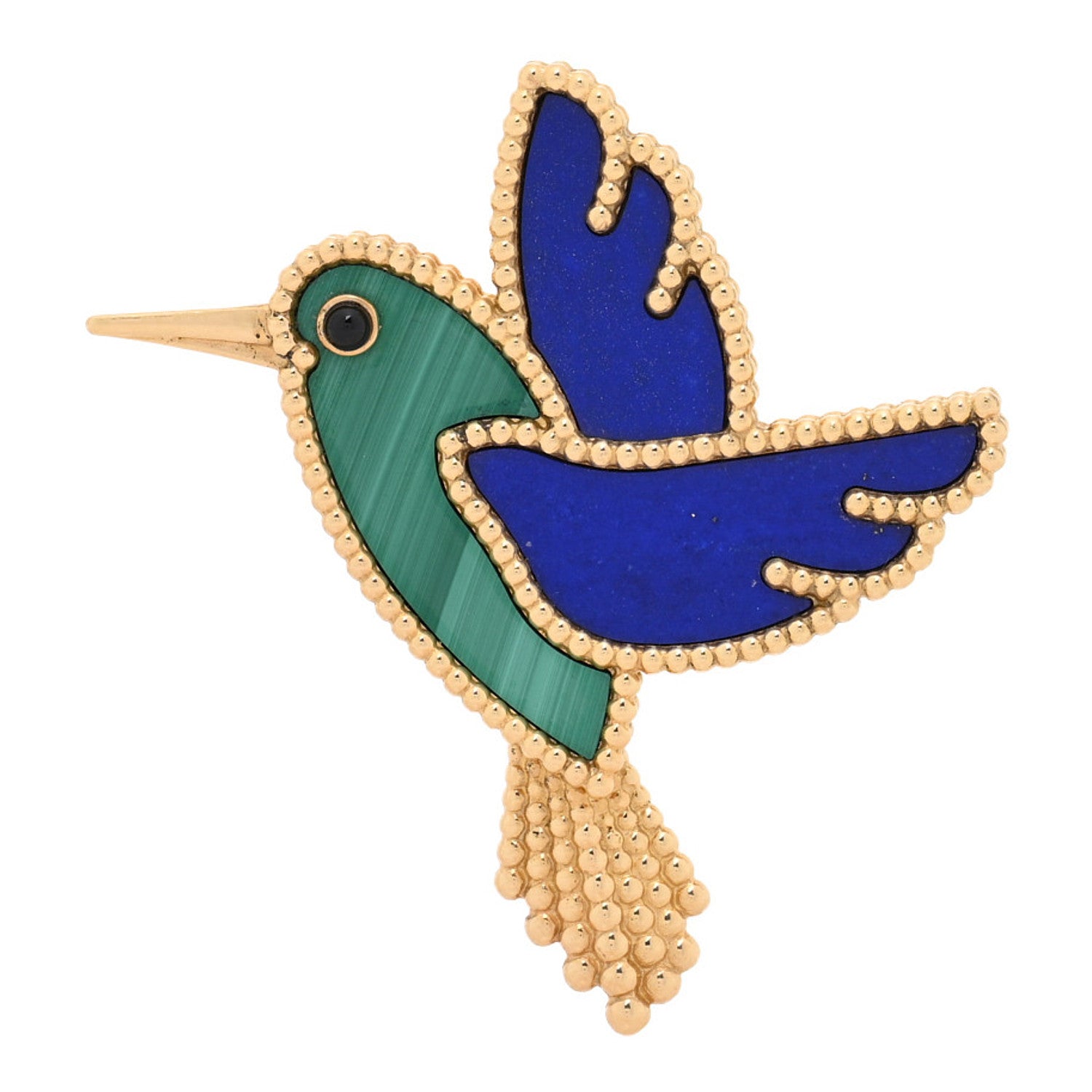 Van Cleef & Arpels 18K Yellow Gold Lapis Lazuli Malachite Black Onyx Humming Bird Brooch Pin 1 of 4