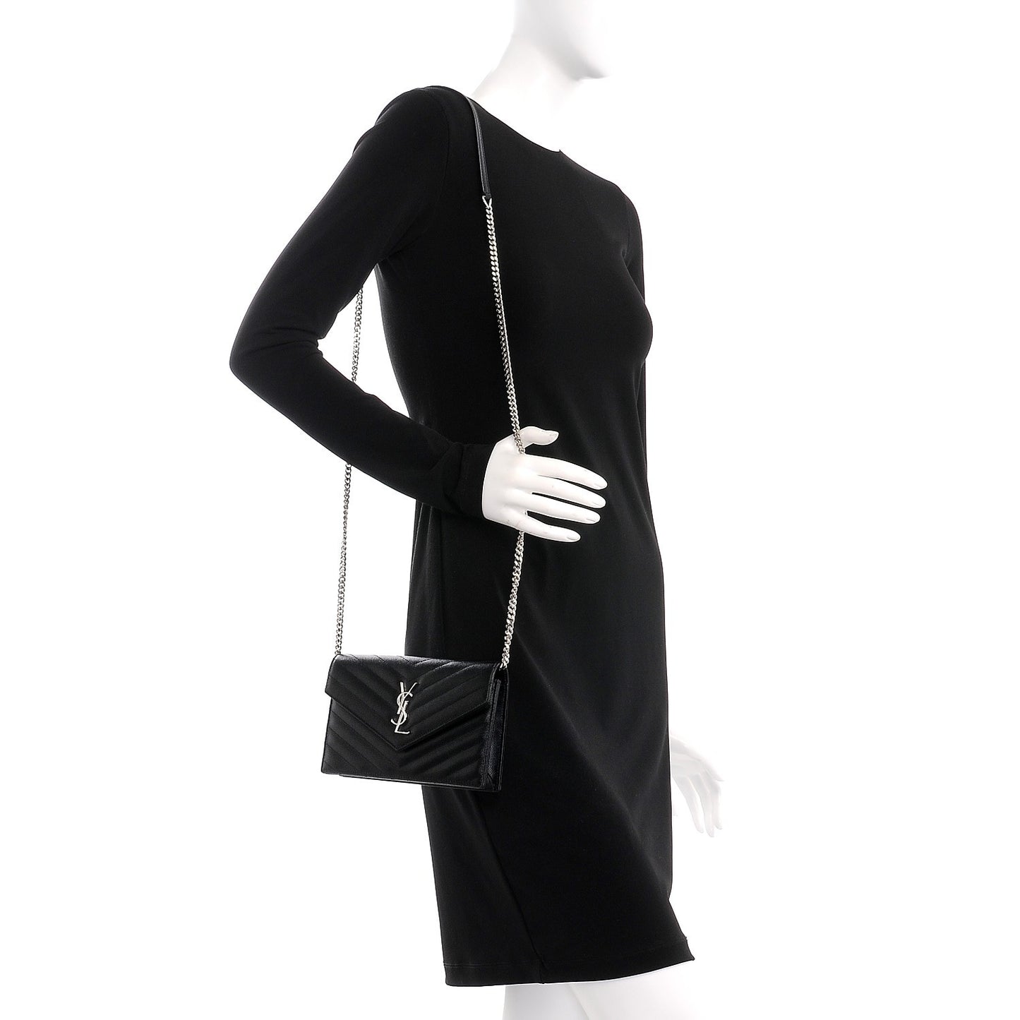 Grain De Poudre Matelasse Chevron Monogram Envelope Chain Wallet Black